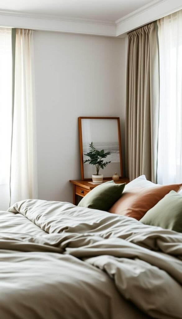 A serene bedroom interior featuring a nature-inspired color palette, incorporating soothing greens, soft earth tones, and gentle blues. The foreground showcases a plush bed with linens in muted shades, surrounded by cozy throw pillows that blend seamlessly with the palette. In the middle, a wooden bedside table adorned with a small potted plant and a calming piece of artwork that echoes the colors of nature. The background reveals a soft-lit window draped with sheer curtains, allowing soft natural light to filter through, creating a warm and inviting atmosphere. The room is styled in a Pinterest-inspired aesthetic, reflecting tranquility and coziness, perfect for relaxation and sleep. Photographed with a 35mm lens, the image captures intricate textures and calming details, embodying the essence of "CozyTrendHub" decor.