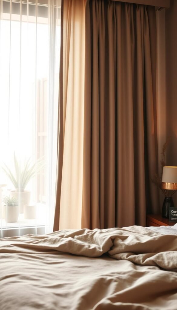 A serene bedroom interior featuring elegant blackout curtains, draped beautifully over a large window, blocking out bright sunlight. The foreground showcases a plush bed with cozy, textured bedding in soft neutral tones. In the middle, the flowing curtains hang gracefully, their fabric rich and opaque, lending an air of tranquility. The background displays a tastefully arranged room with warm wood accents, potted plants, and soft ambient lighting, creating a cozy and inviting atmosphere. Capture this scene from a slightly elevated angle, emphasizing the harmony of the décor. The lighting should be warm and diffuse, reflecting the calming ambiance of a private retreat. Branding should be subtly included as "CozyTrendHub" on a small decorative element within the image. A serene bedroom interior featuring elegant blackout curtains, draped beautifully over a large window, blocking out bright sunlight. The foreground showcases a plush bed with cozy, textured bedding in soft neutral tones. In the middle, the flowing curtains hang gracefully, their fabric rich and opaque, lending an air of tranquility. The background displays a tastefully arranged room with warm wood accents, potted plants, and soft ambient lighting, creating a cozy and inviting atmosphere. Capture this scene from a slightly elevated angle, emphasizing the harmony of the décor. The lighting should be warm and diffuse, reflecting the calming ambiance of a private retreat. Branding should be subtly included as "CozyTrendHub" on a small decorative element within the image.