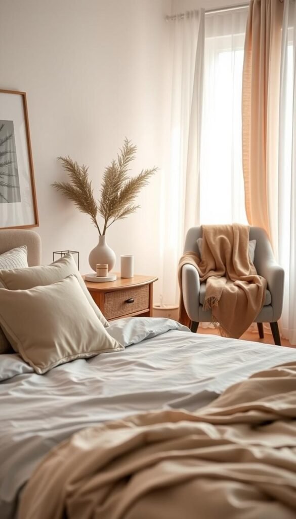 A serene bedroom interior showcasing a neutral color palette that balances warm and cool tones. In the foreground, a plush, light gray bedspread adorned with soft beige and white pillows invites relaxation. The middle ground features a stylish wooden nightstand adorned with a small potted plant and a decorative candle, next to a cozy reading nook with a soft armchair draped in a taupe throw blanket. The background highlights softly diffused natural light pouring in through sheer curtains, illuminating the muted tones of the walls and artfully placed decor. Set at a slight angle to create depth, the image captures a calm, cozy atmosphere perfect for a peaceful retreat. Realistic, Pinterest-style lifestyle setting, embodying the essence of "CozyTrendHub." A serene bedroom interior showcasing a neutral color palette that balances warm and cool tones. In the foreground, a plush, light gray bedspread adorned with soft beige and white pillows invites relaxation. The middle ground features a stylish wooden nightstand adorned with a small potted plant and a decorative candle, next to a cozy reading nook with a soft armchair draped in a taupe throw blanket. The background highlights softly diffused natural light pouring in through sheer curtains, illuminating the muted tones of the walls and artfully placed decor. Set at a slight angle to create depth, the image captures a calm, cozy atmosphere perfect for a peaceful retreat. Realistic, Pinterest-style lifestyle setting, embodying the essence of "CozyTrendHub."