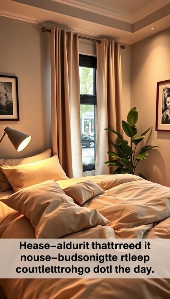 A serene bedroom scene designed for noise-buffering sleep in a bustling urban neighborhood. In the foreground, a cozy queen-sized bed adorned with soft, muted bedding in calming pastel colors, surrounded by plush pillows that create a welcoming atmosphere. On one side, a stylish nightstand with a sleek lamp emitting soft, warm light, casting gentle shadows. In the middle, soundproof curtains hanging elegantly by the window, partially drawn, showcasing a glimpse of a busy street outside. The background features tasteful wall art and a green indoor plant, adding a touch of nature for tranquility. The overall mood is peaceful and inviting, promoting restful sleep during the day. Photographed with a wide-angle lens to capture the full ambiance, the image exudes a sense of comfort and style, perfect for the "CozyTrendHub" aesthetic. A serene bedroom scene designed for noise-buffering sleep in a bustling urban neighborhood. In the foreground, a cozy queen-sized bed adorned with soft, muted bedding in calming pastel colors, surrounded by plush pillows that create a welcoming atmosphere. On one side, a stylish nightstand with a sleek lamp emitting soft, warm light, casting gentle shadows. In the middle, soundproof curtains hanging elegantly by the window, partially drawn, showcasing a glimpse of a busy street outside. The background features tasteful wall art and a green indoor plant, adding a touch of nature for tranquility. The overall mood is peaceful and inviting, promoting restful sleep during the day. Photographed with a wide-angle lens to capture the full ambiance, the image exudes a sense of comfort and style, perfect for the "CozyTrendHub" aesthetic.