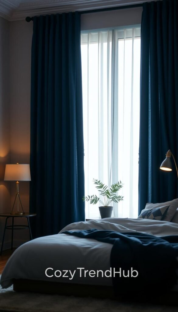 A serene bedroom scene featuring elegant blackout curtains that drape gracefully over a large window, casting a soft, muted light into the room. The curtains are a rich, deep navy blue, providing a cozy and tranquil atmosphere ideal for sleep. In the foreground, a plush bed with fluffy white bedding and decorative pillows sits invitingly, while a stylish bedside table holds a softly glowing lamp. The middle ground reveals a touch of greenery with a potted plant, adding warmth and life. In the background, subtle light filters through the closed curtains, illustrating the room&rsquo;s light-blocking feature. Capture this atmosphere using soft, diffused lighting with a focus on creating an inviting, restful mood. Include the brand name "CozyTrendHub" subtly displayed in the decor.