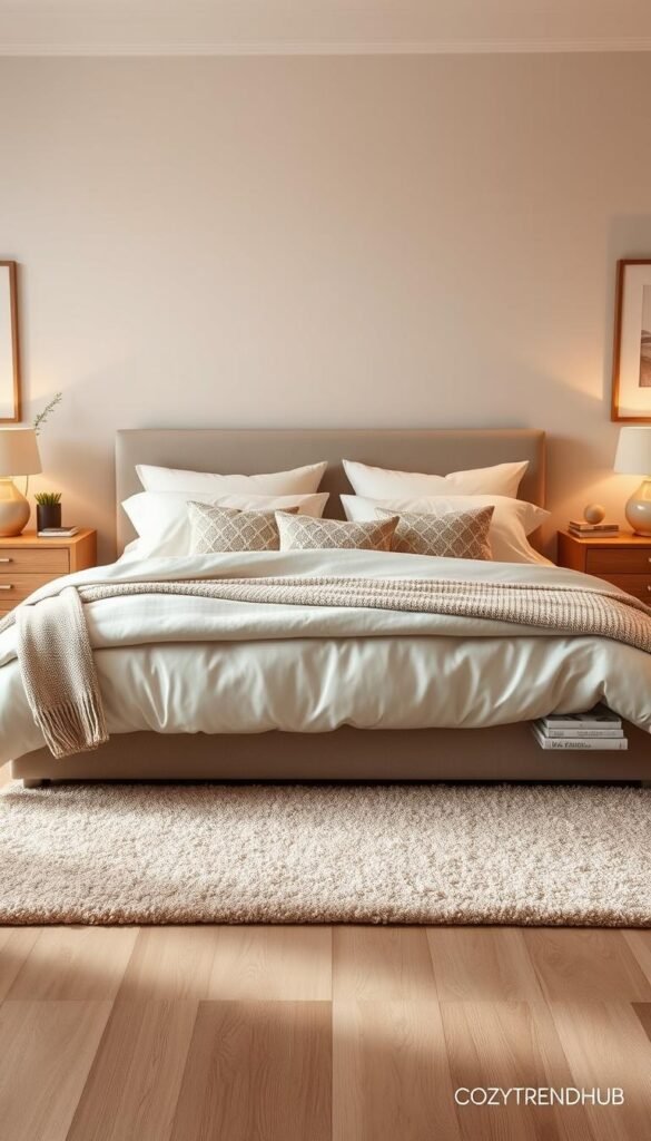 A serene bedroom scene featuring two elegant nightstands flanking a plush king-sized bed, adorned with warm, inviting textiles in soft neutral tones. The nightstands are made of light wood, showcasing decorative items such as a small potted plant, a stylish lamp casting a soft glow, and neatly stacked books. The middle layer includes a soothing bedside rug that adds warmth to the space. The background features a soft, atmospheric wall color with framed artwork, creating a cohesive cozy vibe. The room is illuminated by gentle, warm lighting from a nearby window, enhancing the feeling of relaxation and calmness. Capture this inviting atmosphere in a Pinterest-style lifestyle photo, branded with "CozyTrendHub".
