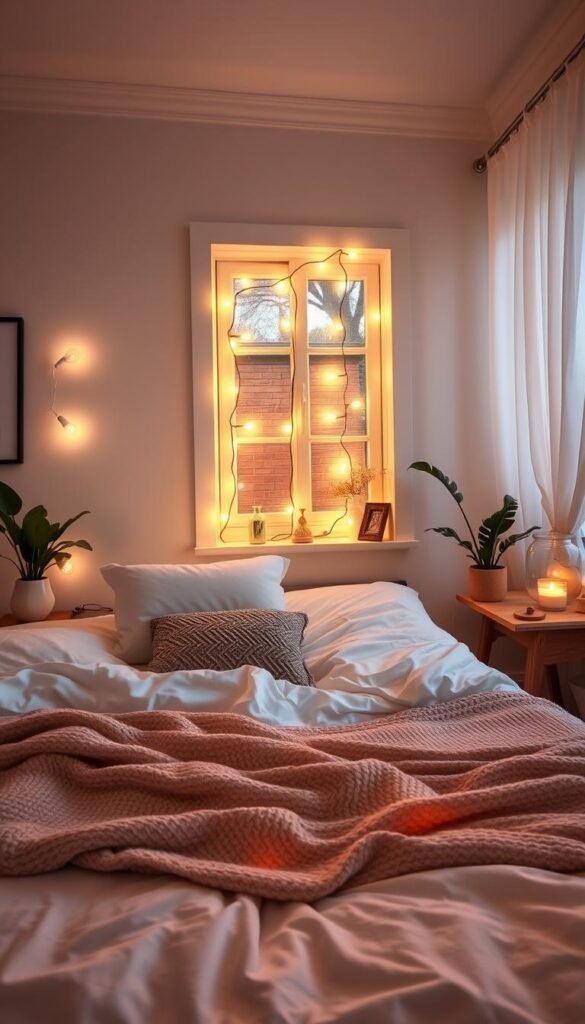 A serene bedroom scene illuminated by soft, ambient lighting, showcasing various ideas to create a warm glow at night. In the foreground, a beautifully made bed with fluffy pillows and a knitted blanket invites relaxation. The middle layer features bedside lamps with warm-toned bulbs and string lights draped artfully around the window. Soft shadows dance on the walls, enhancing the cozy atmosphere. In the background, a softly glowing candle on a nightstand and delicate curtains fluttering in a gentle breeze add to the dreamlike ambiance. The room is decorated in calming pastel tones, with plants and neutral-colored decor that evoke tranquility. Capture this comforting environment using a wide-angle lens to emphasize the cozy, inviting mood for "CozyTrendHub".