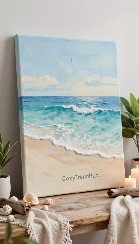 A serene coastal art display featuring a large, textured canvas adorned with soothing shades of blue, turquoise, and sandy beige. In the foreground, delicate seashells and driftwood pieces are artfully arranged on a washed wooden table, while soft, natural fiber textiles drape gracefully around the setting. The middle ground showcases the stunning canvas, depicting gentle ocean waves under a bright, airy sky, capturing the essence of summer at the beach. Lush green plants and a few strategically placed candles add warmth and life to the scene. The background subtly hints at soft, illuminated walls in a light pastel hue. The overall mood is relaxed and inviting, perfect for a coastal summer vibe, with soft, diffused lighting that creates a calm ambiance, reminiscent of a sunny day by the sea, branded as &ldquo;CozyTrendHub.&rdquo;