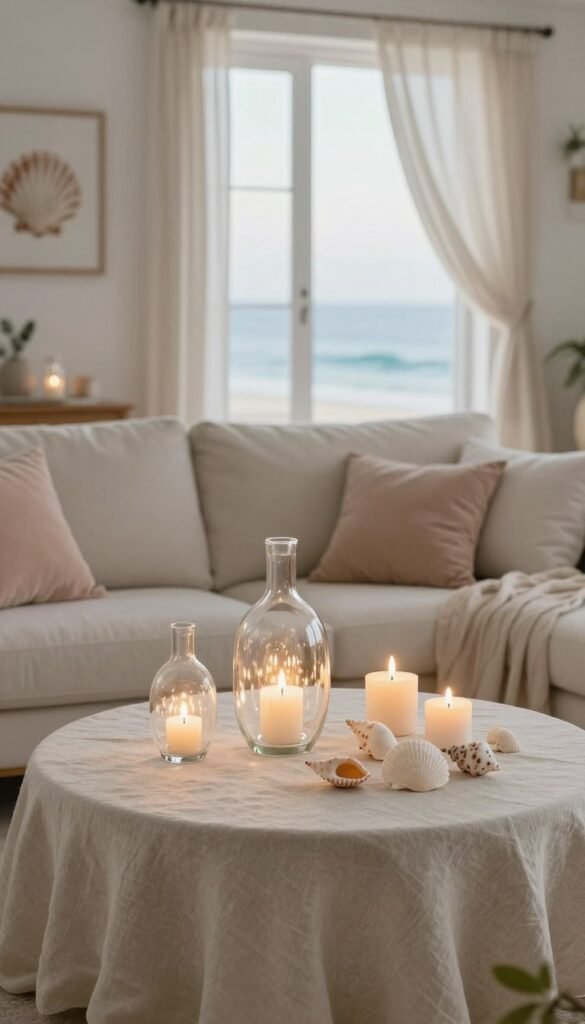 A serene coastal living room adorned with soft, airy lighting, showcasing delicate glass lamps that reflect warm, inviting light. In the foreground, a stylish table draped with a light linen cloth, featuring flickering candles and seashells. The middle ground displays a cozy, neutral sofa with pastel cushions, complemented by a large window that lets in soft natural daylight, enhancing the relaxed atmosphere. In the background, hints of ocean-inspired decor like framed seashell art and light curtains billowing gently in the breeze. The overall mood is tranquil and refreshing, creating a perfect blend of summer vibes and comfort. Captured with a soft focus lens, emphasizing the warm glow of the light. Ideal for a Pinterest-style lifestyle photo by CozyTrendHub.