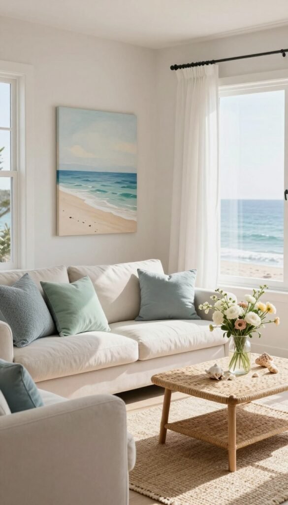 A serene coastal living room, exuding relaxation, with natural light pouring through large windows. In the foreground, a soft, neutral-colored sofa adorned with textured pillows in muted blues and seafoam greens. A light, woven coffee table holds a glass vase filled with fresh white and pastel flowers, complemented by scattered seashells. In the middle ground, a large canvas depicting a calm beach scene hangs on a pale wall, while a cozy, jute area rug anchors the space. In the background, a glimpse of a peaceful ocean view can be seen through the windows, framed by sheer white curtains fluttering gently. The atmosphere is tranquil and inviting, perfect for unwinding. This image embodies the essence of "CozyTrendHub" coastal summer decor, harmonizing simplicity and comfort.