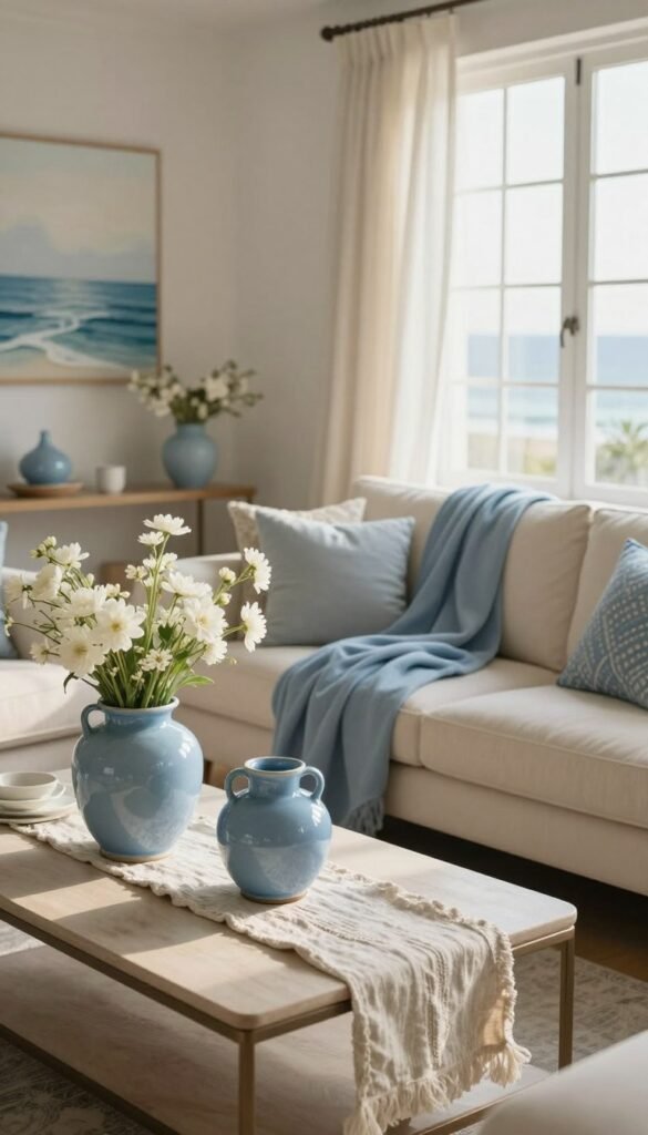 A serene coastal room featuring elegant decor with blue accents that evoke calmness. In the foreground, a beautifully styled coffee table adorned with soft blue ceramic vases, filled with delicate white flowers, and textured linen table runners. The middle ground showcases a cozy beige sofa draped with soft blue throw blankets and decorative cushions, set against a wall with subtle ocean-inspired artwork. In the background, large windows allow natural light to spill in, casting a gentle, warm glow across the space. The scene is framed with light, airy curtains swaying slightly in the breeze, enhancing the tranquil atmosphere. The overall mood is peaceful and inviting, ideal for summer vibes. This realistic, Pinterest-style lifestyle image aligns with a relaxed home aesthetic. CozyTrendHub.