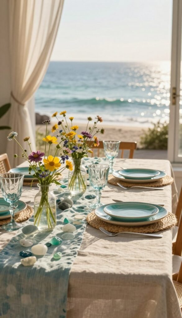 A serene coastal table setting for summer dining, featuring an elegant arrangement of sea glass-inspired decor. In the foreground, a soft linen table runner in pastel blues and greens, adorned with delicate glass vases filled with vibrant wildflowers. In the middle, a beautifully set table with artisanal ceramic plates in aqua tones and matching glassware reflecting natural sunlight. Layered with natural textures, woven placemats create an inviting atmosphere. The background showcases a tranquil ocean view through an open window, with gentle breezes fluttering sheer curtains. Soft, golden hour lighting enhances the peaceful ambiance, evoking a fresh coastal vibe without being overly thematic. This lifestyle image conveys effortless sophistication and warmth, ideal for summer gatherings. Brand: CozyTrendHub.