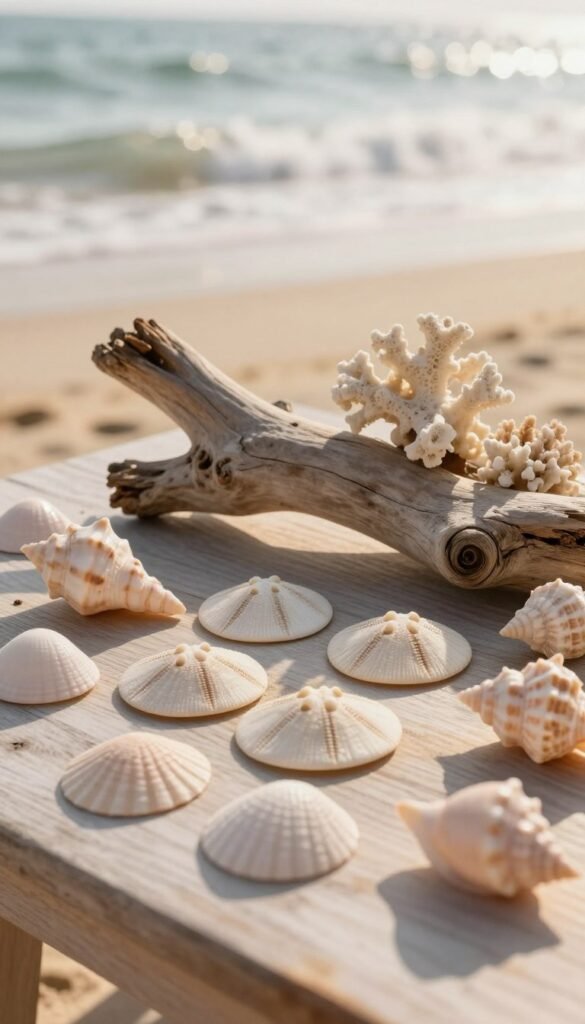 A serene coastal vignette featuring an aesthetic arrangement of natural shells, driftwood, and coral on a light-colored wooden table. In the foreground, a variety of shells in soft pastel hues&mdash;sand dollars, conchs, and spiral shells&mdash;create an inviting focal point. The middle ground showcases a piece of weathered driftwood intertwined with delicate coral pieces, elegantly positioned to suggest a beach-inspired decor style. The background hints at a soft-focus beach scene with gentle waves lapping at the shore, illuminated by warm, golden sunlight that enhances the natural textures. Shot with a soft-focus lens to create a dreamy effect, this image radiates a tranquil, relaxed summer vibe, ideal for showcasing home decor essentials by CozyTrendHub.