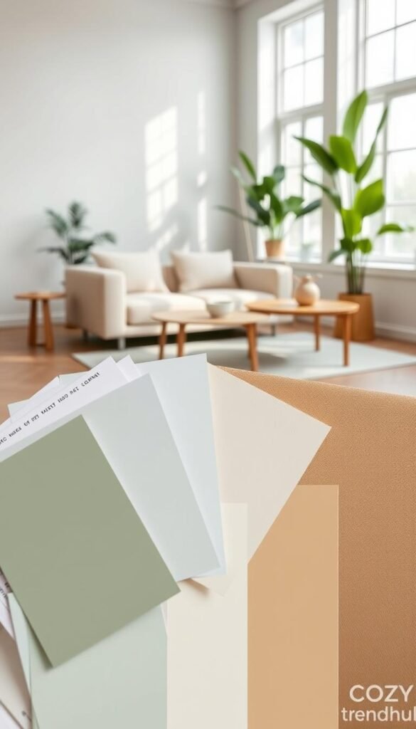 A serene color palette featuring soft, muted tones such as pale blues, gentle greens, warm taupes, and creamy whites, arranged in an aesthetically pleasing layout. In the foreground, a selection of paint swatches and fabric samples display subtle textures. The middle ground showcases a minimalist-style room with simple furnishings—perhaps a pale-toned sofa and wooden coffee table—bathed in soft, natural light from large windows, evoking a calm atmosphere. The background hints at lush indoor plants, enhancing the fresh feel. The overall image should reflect a clean, organized look that promotes tranquility and harmonious living. This composition is inspired by the style of CozyTrendHub, ensuring it resonates with modern minimalist home decor themes. A serene color palette featuring soft, muted tones such as pale blues, gentle greens, warm taupes, and creamy whites, arranged in an aesthetically pleasing layout. In the foreground, a selection of paint swatches and fabric samples display subtle textures. The middle ground showcases a minimalist-style room with simple furnishings—perhaps a pale-toned sofa and wooden coffee table—bathed in soft, natural light from large windows, evoking a calm atmosphere. The background hints at lush indoor plants, enhancing the fresh feel. The overall image should reflect a clean, organized look that promotes tranquility and harmonious living. This composition is inspired by the style of CozyTrendHub, ensuring it resonates with modern minimalist home decor themes.