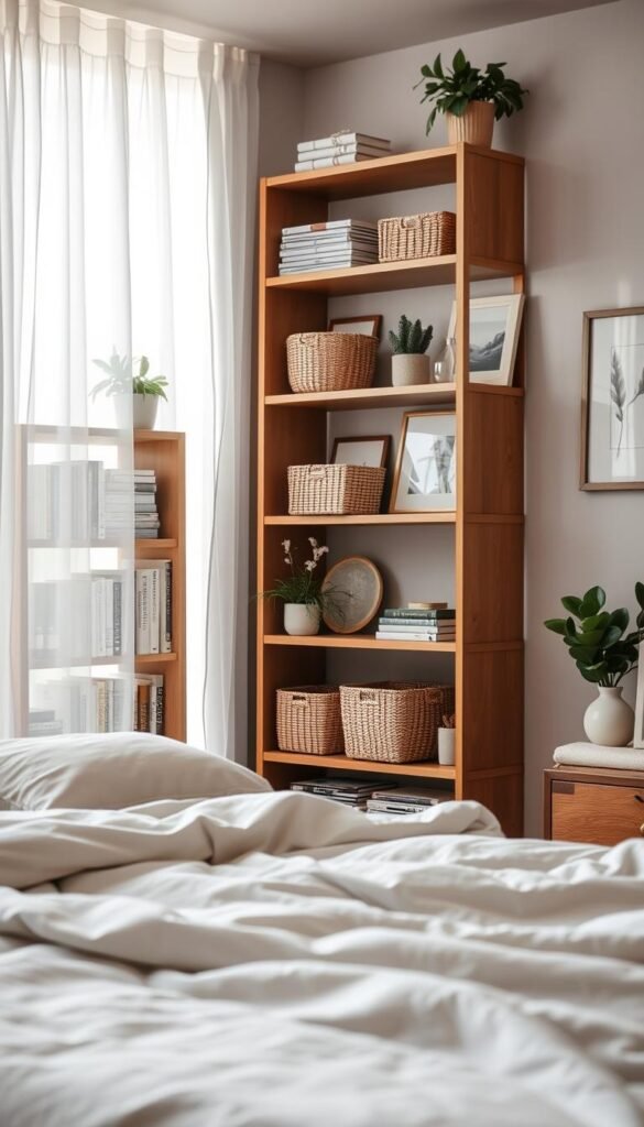 A serene, cozy bedroom featuring stylish wooden shelving units filled with neatly organized books, plants, and decor items that emphasize a clutter-free atmosphere. The foreground showcases a plush bed with soft, layered bedding in neutral tones. In the middle, the shelving units are adorned with decorative baskets and calming artwork, enhancing the sense of tranquility. The background reveals soft natural light streaming through sheer curtains, creating a warm and inviting ambiance. The scene is captured from a slight angle, using a soft focus effect to accentuate the cozy and elegant decor. The overall mood is peaceful and harmonious, perfect for a restful sleep environment, reflecting the aesthetic of CozyTrendHub.