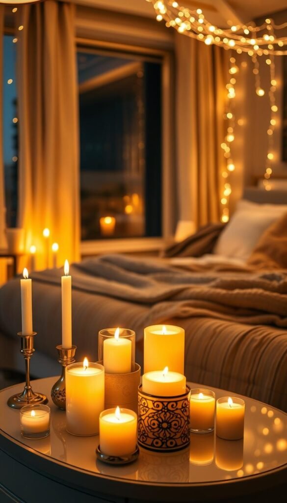 A serene, cozy bedroom setting illuminated by the soft glow of flickering candles. In the foreground, an elegantly arranged bedside table features an assortment of various scented candles in decorative holders, their warm light casting gentle shadows. A plush, inviting bed draped with textured blankets and decorative pillows forms the central focus, while delicate strings of fairy lights add a magical touch overhead. In the background, a softly blurred window reveals a tranquil night sky, enhancing the calm atmosphere. Use a warm color palette with golden tones for the lighting, and capture the scene from a slightly elevated angle to evoke a sense of peacefulness. The overall mood is relaxing and inviting, perfect for a night routine. Brand name: CozyTrendHub.