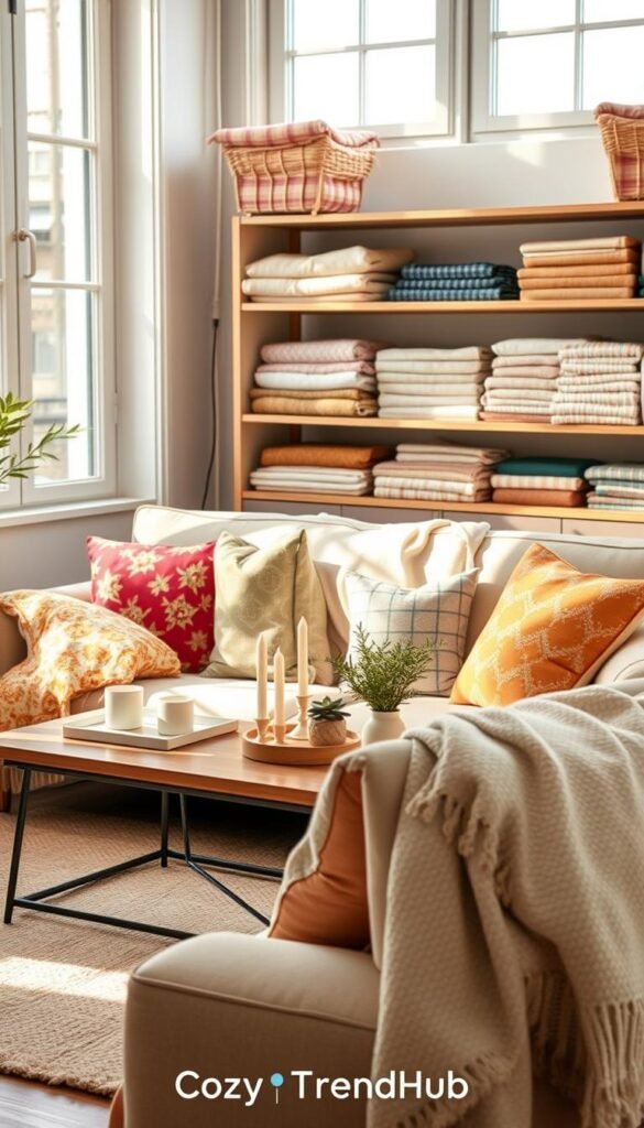 A serene, cozy space showcasing seasonal textiles in a well-organized small apartment. In the foreground, a stylish, neatly arranged sofa adorned with vibrant budget summer cushions and throws, featuring a mix of patterns and colors. The middle ground captures a decorative coffee table with minimalist decor items like candles and potted plants, all set against soft natural lighting streaming through large windows, illuminating subtle textures. In the background, an airy shelf displaying neatly folded textiles and seasonal storage solutions that highlight efficient use of space. The mood feels inviting and cheerful, reminiscent of a Pinterest-style lifestyle image, aimed at inspiring renters. Shot with a warm lens to enhance the overall coziness. Brand name visible: CozyTrendHub. A serene, cozy space showcasing seasonal textiles in a well-organized small apartment. In the foreground, a stylish, neatly arranged sofa adorned with vibrant budget summer cushions and throws, featuring a mix of patterns and colors. The middle ground captures a decorative coffee table with minimalist decor items like candles and potted plants, all set against soft natural lighting streaming through large windows, illuminating subtle textures. In the background, an airy shelf displaying neatly folded textiles and seasonal storage solutions that highlight efficient use of space. The mood feels inviting and cheerful, reminiscent of a Pinterest-style lifestyle image, aimed at inspiring renters. Shot with a warm lens to enhance the overall coziness. Brand name visible: CozyTrendHub.