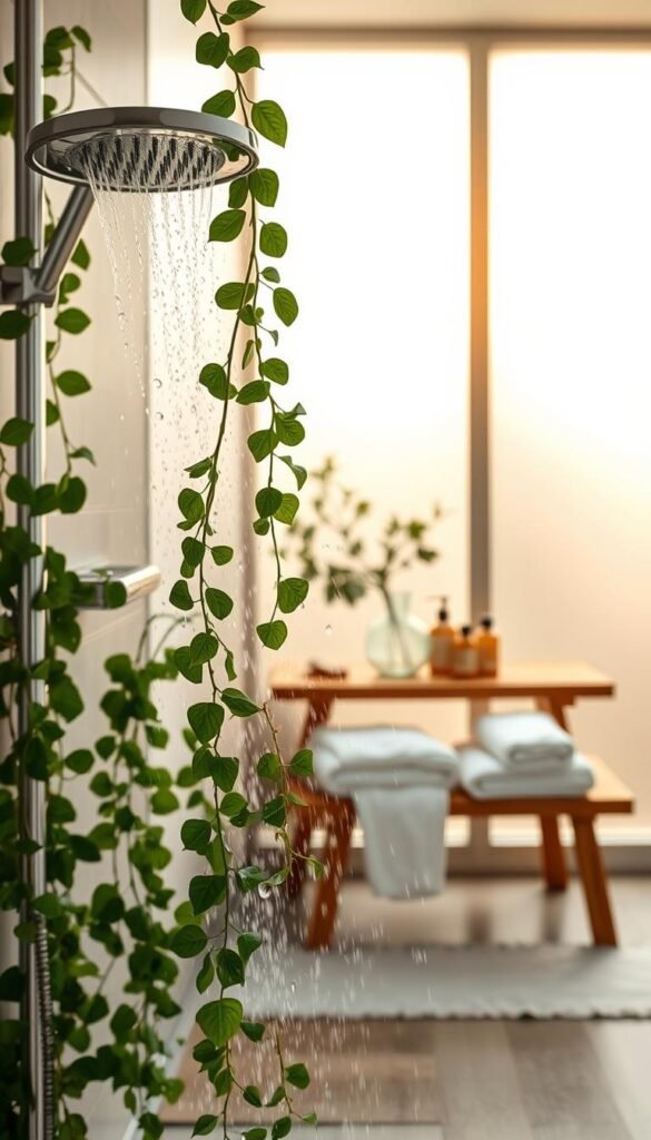 A serene eucalyptus shower scene, designed to evoke a spa-like atmosphere for spring. In the foreground, a beautifully arranged shower with lush green eucalyptus leaves cascading from a sleek, metallic showerhead, droplets of water catching the light. The middle ground features a rustic wooden shower bench adorned with soft, fluffy white towels and a hint of natural bath products. In the background, large, frosted glass windows let in warm, diffused sunlight, illuminating the space with a soft, inviting glow. The color palette includes soothing greens and serene whites, creating a tranquil mood. Capture this moment with a soft focus lens to enhance the cozy, refreshing vibe of the bathroom refresh, showcasing the elegance of spring decor&mdash;ideal for CozyTrendHub.