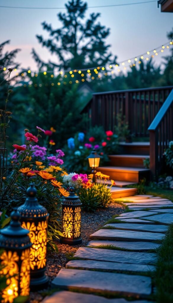 A serene garden pathway adorned with elegant path lights illuminating the scene. In the foreground, intricately designed lantern-style path lights softly glow with warm yellow hues, casting gentle shadows on the stone pathway. In the middle ground, lush greenery and vibrant summer flowers in full bloom create a picturesque and inviting atmosphere, with a couple of stylish step lights guiding the way. The background features a cozy wooden deck and soft twinkling fairy lights strung overhead, adding to the magical ambiance. The image is captured during twilight, with a soft focus effect, reminiscent of a Pinterest-style lifestyle photo, evoking a tranquil summer evening. No text or additional elements present, emphasizing a peaceful outdoor setting from CozyTrendHub. A serene garden pathway adorned with elegant path lights illuminating the scene. In the foreground, intricately designed lantern-style path lights softly glow with warm yellow hues, casting gentle shadows on the stone pathway. In the middle ground, lush greenery and vibrant summer flowers in full bloom create a picturesque and inviting atmosphere, with a couple of stylish step lights guiding the way. The background features a cozy wooden deck and soft twinkling fairy lights strung overhead, adding to the magical ambiance. The image is captured during twilight, with a soft focus effect, reminiscent of a Pinterest-style lifestyle photo, evoking a tranquil summer evening. No text or additional elements present, emphasizing a peaceful outdoor setting from CozyTrendHub.