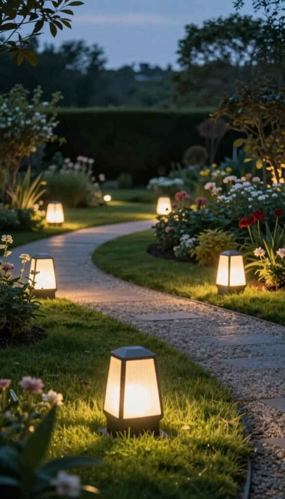 A serene garden pathway illuminated by soft, inviting lights, featuring stylish pathway lights lining the gravel walkway. The foreground shows the glow of warm white LED lights, casting gentle shadows on lush green grass. In the middle ground, varied shapes of pathway lights punctuate the scene, showcasing a harmonious blend of modern and rustic designs, enhancing the natural landscape. The background depicts a beautifully groomed garden with blooming flowers and faint silhouettes of trees, under a twilight sky that transitions to dusk, capturing the tranquil atmosphere of summer evenings. Shot with a soft-focus lens to create a cozy, dreamy mood, emphasizing the safety and beauty of well-lit outdoor spaces. Ideal for CozyTrendHub's aesthetic, showcasing the perfect combination of functionality and charm.