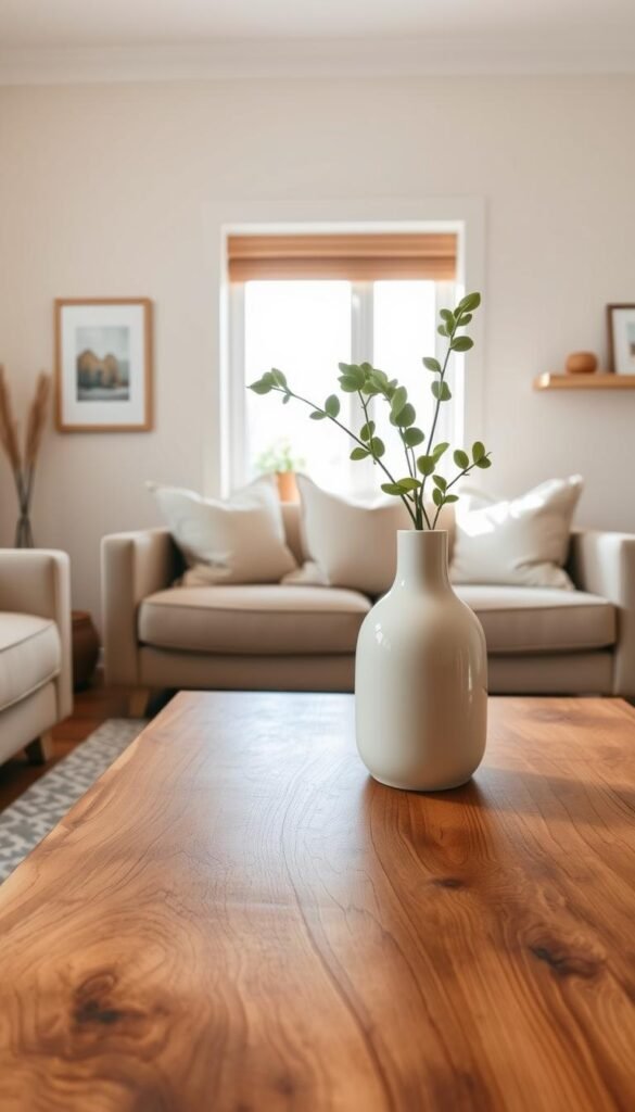 A serene home interior, featuring a beautifully crafted warm wood decor accent. In the foreground, a rustic wooden coffee table with subtle grain patterns holds a simple cream vase with soft green foliage. The middle ground showcases a cozy seating area with plush cream and ivory cushions. Soft, natural lighting streams through a nearby window, casting gentle shadows that enhance the wood's texture. The background should include cream-colored walls adorned with minimalist artwork and a small shelf displaying wooden accents, creating an inviting atmosphere. This Pinterest-style lifestyle photo encapsulates a warm, neutral decor aesthetic, suitable for CozyTrendHub.