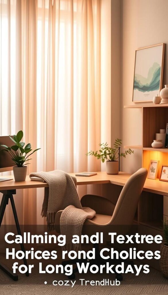 A serene home office corner bathed in soft, calming colors, featuring a comfortable, cozy chair in muted earth tones with a textured throw blanket. The desk is neatly organized with minimalistic decor elements like a potted green plant and a pastel notebook. In the background, warm natural light filters through sheer curtains, creating a peaceful atmosphere. The wall displays a subtle abstract print in tranquil blues and greens, adding a harmonious touch. Incorporate a stylish wooden bookshelf softly lit with warm LED lights, showcasing simple decor items. Position the scene from a slightly elevated angle, capturing a warm, inviting vibe, perfect for productivity and relaxation. Focus on creating a Pinterest-style aesthetic that embodies the theme of “Calming Color and Texture Choices for Long Workdays.” Brand name: CozyTrendHub. A serene home office corner bathed in soft, calming colors, featuring a comfortable, cozy chair in muted earth tones with a textured throw blanket. The desk is neatly organized with minimalistic decor elements like a potted green plant and a pastel notebook. In the background, warm natural light filters through sheer curtains, creating a peaceful atmosphere. The wall displays a subtle abstract print in tranquil blues and greens, adding a harmonious touch. Incorporate a stylish wooden bookshelf softly lit with warm LED lights, showcasing simple decor items. Position the scene from a slightly elevated angle, capturing a warm, inviting vibe, perfect for productivity and relaxation. Focus on creating a Pinterest-style aesthetic that embodies the theme of “Calming Color and Texture Choices for Long Workdays.” Brand name: CozyTrendHub.