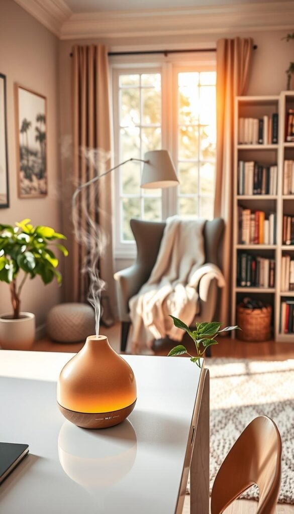 A serene home office corner designed for focus and creativity. In the foreground, a beautifully arranged desk features an elegant diffuser releasing gentle wisps of aromatic mist, surrounded by a few lush green plants for a touch of nature. In the middle, a stylish chair draped with a soft, textured throw invites comfort, while a large window allows warm, natural light to fill the space, creating an inviting atmosphere. In the background, book shelves lined with inspiring books and a cozy, soft rug enrich the decor. The overall color palette exudes calmness with soft pastels and earthy tones. The mood is tranquil and focused, perfect for productive work hours. Capture this aesthetic in a realistic, Pinterest-style image that reflects the essence of "CozyTrendHub." A serene home office corner designed for focus and creativity. In the foreground, a beautifully arranged desk features an elegant diffuser releasing gentle wisps of aromatic mist, surrounded by a few lush green plants for a touch of nature. In the middle, a stylish chair draped with a soft, textured throw invites comfort, while a large window allows warm, natural light to fill the space, creating an inviting atmosphere. In the background, book shelves lined with inspiring books and a cozy, soft rug enrich the decor. The overall color palette exudes calmness with soft pastels and earthy tones. The mood is tranquil and focused, perfect for productive work hours. Capture this aesthetic in a realistic, Pinterest-style image that reflects the essence of "CozyTrendHub."