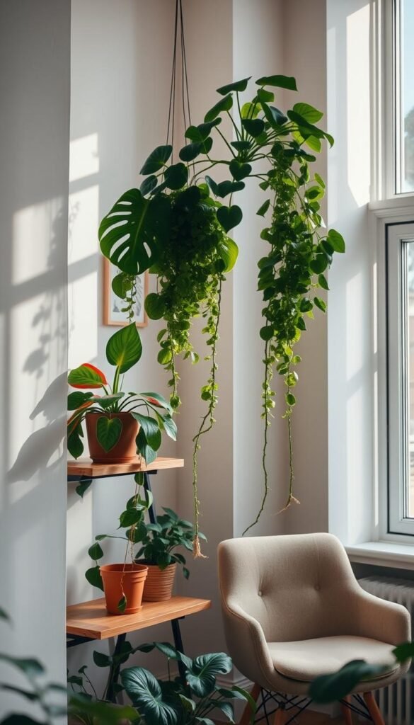 A serene indoor scene showcasing a lush arrangement of plants, creating a vibrant atmosphere for an apartment. In the foreground, a colorful potted monstera and a hanging fern drape elegantly over a stylish wooden shelf. In the middle, a tall snake plant reaches gracefully towards the sunlight filtering through large, airy windows, casting gentle shadows. The background features soft, neutral-colored walls adorned with subtle artworks and a cozy chair positioned for a reading nook, enhancing the inviting vibe. Natural light from the window bathes the scene in a warm glow, highlighting the textures of the leaves and the simplicity of the decor. The overall mood conveys tranquility and liveliness, perfect for aesthetic home decor inspiration. CozyTrendHub.