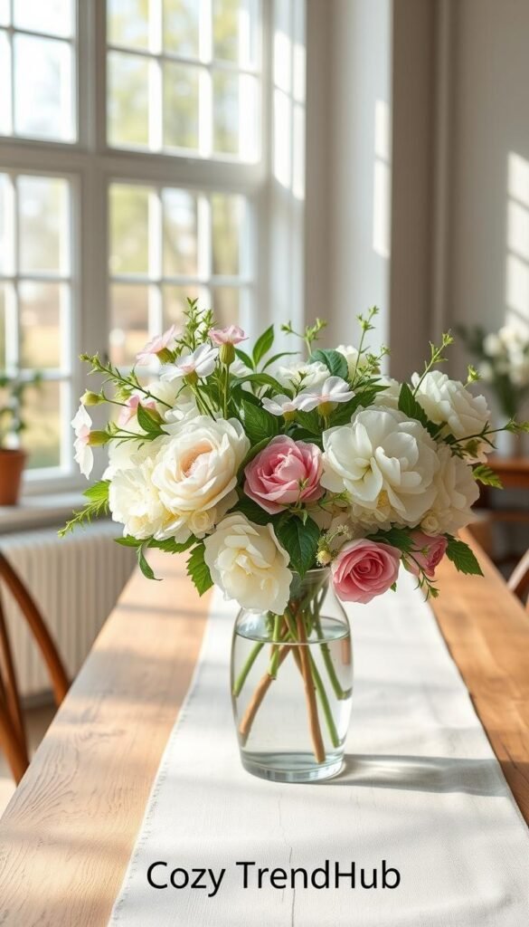 A serene indoor setting featuring an allergy-friendly spring flower arrangement. In the foreground, a beautiful vase brimming with low-pollen flowers like hydrangeas, peonies, and geraniums in soft pastel hues, with delicate greenery. The middle ground showcases a rustic wooden table adorned with a soft linen table runner, creating a cozy and inviting atmosphere. In the background, large windows allow soft, natural light to flood the space, casting gentle shadows. The composition captures a warm, relaxed mood, perfect for a spring day. The aesthetic is styled in a Pinterest-worthy fashion, emphasizing a harmonious blend of nature and home decor. Branding subtly represented by "CozyTrendHub" in the setup. A serene indoor setting featuring an allergy-friendly spring flower arrangement. In the foreground, a beautiful vase brimming with low-pollen flowers like hydrangeas, peonies, and geraniums in soft pastel hues, with delicate greenery. The middle ground showcases a rustic wooden table adorned with a soft linen table runner, creating a cozy and inviting atmosphere. In the background, large windows allow soft, natural light to flood the space, casting gentle shadows. The composition captures a warm, relaxed mood, perfect for a spring day. The aesthetic is styled in a Pinterest-worthy fashion, emphasizing a harmonious blend of nature and home decor. Branding subtly represented by "CozyTrendHub" in the setup.