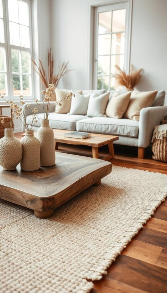 A serene interior scene showcasing a variety of calming palette textures and natural materials in a cozy living space. In the foreground, a soft, light-colored woven rug sprawls across a wooden floor, accentuating the warm, earthy tones of the room. The middle ground features a stylish coffee table made of reclaimed wood adorned with textured ceramic vases filled with delicate, neutral-toned flowers. A plush sofa, upholstered in soft linen, invites relaxation, while throw pillows in muted pastels create a harmonious color mix. The background reveals large windows bathing the space in gentle, natural light, enhancing the tranquil atmosphere. The entire composition reflects a Pinterest-style aesthetic, emphasizing a balanced mix of colors and textures that create a peaceful home environment. CozyTrendHub.