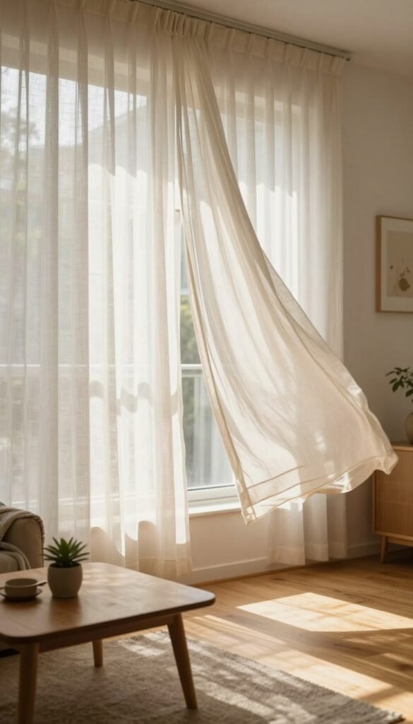 A serene interior space featuring sheer linen curtains gently billowing in a soft breeze, allowing warm, natural light to flood the room. In the foreground, a minimalist wooden coffee table with a small potted plant and a cozy throw. In the middle, large uncluttered windows showcasing the curtains, bathed in soft sunlight that casts delicate patterns on the wooden floor. The background includes a neutral-colored wall adorned with subtle art pieces, enhancing the airy feel. The atmosphere is calm and inviting, epitomizing a summer aesthetic perfect for small spaces and apartments. Shot with a soft-focus lens that emphasizes the light play and creates a dreamy ambiance. Brand style: CozyTrendHub. A serene interior space featuring sheer linen curtains gently billowing in a soft breeze, allowing warm, natural light to flood the room. In the foreground, a minimalist wooden coffee table with a small potted plant and a cozy throw. In the middle, large uncluttered windows showcasing the curtains, bathed in soft sunlight that casts delicate patterns on the wooden floor. The background includes a neutral-colored wall adorned with subtle art pieces, enhancing the airy feel. The atmosphere is calm and inviting, epitomizing a summer aesthetic perfect for small spaces and apartments. Shot with a soft-focus lens that emphasizes the light play and creates a dreamy ambiance. Brand style: CozyTrendHub.