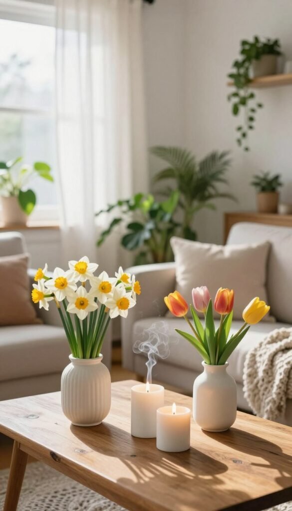 A serene, inviting apartment interior filled with fresh spring scents, featuring vibrant flowers like daffodils and tulips in stylish vases on a rustic wooden coffee table. In the foreground, a pair of clean, white ceramic candles emitting soft wisps of smoke. The middle ground showcases a cozy seating area with a light, airy sofa adorned with pastel cushions and a soft throw blanket. In the background, sheer curtains billow gently in the breeze, allowing natural sunlight to fill the room, illuminating fresh green plants arranged harmoniously. The overall mood is refreshing and tranquil, evoking a sense of rejuvenation. Shot with a 50mm lens, capturing the warm ambiance and inviting atmosphere of spring in a renter-friendly decor style. Perfect for "CozyTrendHub." A serene, inviting apartment interior filled with fresh spring scents, featuring vibrant flowers like daffodils and tulips in stylish vases on a rustic wooden coffee table. In the foreground, a pair of clean, white ceramic candles emitting soft wisps of smoke. The middle ground showcases a cozy seating area with a light, airy sofa adorned with pastel cushions and a soft throw blanket. In the background, sheer curtains billow gently in the breeze, allowing natural sunlight to fill the room, illuminating fresh green plants arranged harmoniously. The overall mood is refreshing and tranquil, evoking a sense of rejuvenation. Shot with a 50mm lens, capturing the warm ambiance and inviting atmosphere of spring in a renter-friendly decor style. Perfect for "CozyTrendHub."