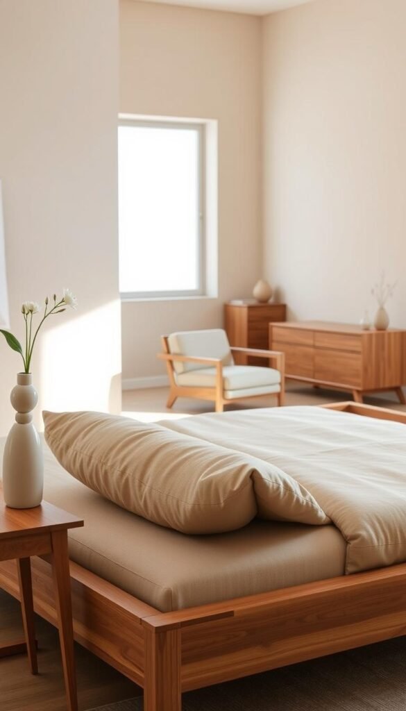 A serene, inviting bedroom setting showcasing furniture designed for a calm and cozy feel. In the foreground, a minimalist wood bed frame with soft beige upholstery, adorned with warm, neutral-toned pillows. A sleek nightstand holds a decorative vase with a single white flower. In the middle, a stylish wooden dresser and a comfortable armchair, both featuring smooth lines and natural wood tones that enhance the tranquil ambiance. The background reveals softly textured walls in muted beige, with a large window allowing gentle, diffused daylight to filter in, creating a warm atmosphere. The overall mood is peaceful and harmonious, embodying a modern yet timeless aesthetic. Captured with a wide-angle lens from a slightly elevated perspective, this lifestyle photo is styled to reflect the brand "CozyTrendHub". A serene, inviting bedroom setting showcasing furniture designed for a calm and cozy feel. In the foreground, a minimalist wood bed frame with soft beige upholstery, adorned with warm, neutral-toned pillows. A sleek nightstand holds a decorative vase with a single white flower. In the middle, a stylish wooden dresser and a comfortable armchair, both featuring smooth lines and natural wood tones that enhance the tranquil ambiance. The background reveals softly textured walls in muted beige, with a large window allowing gentle, diffused daylight to filter in, creating a warm atmosphere. The overall mood is peaceful and harmonious, embodying a modern yet timeless aesthetic. Captured with a wide-angle lens from a slightly elevated perspective, this lifestyle photo is styled to reflect the brand "CozyTrendHub".