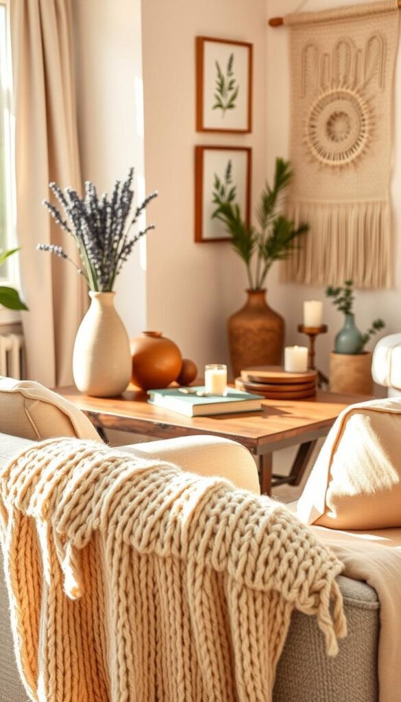 A serene, inviting living room corner that showcases a blend of cozy decor textures. In the foreground, a plush knitted throw drapes over a light beige armchair, its fibers gently illuminated by soft, warm natural light streaming through a window. The middle section features a rustic wooden coffee table adorned with an assortment of decorative items: a ceramic vase filled with dried lavender, a stack of vintage books, and a softly glowing candle. The background reveals a soft, pastel-colored wall adorned with framed botanical prints and a woven wall hanging, creating a warm atmosphere. Capture this scene with a shallow depth of field to highlight the textures, utilizing a warm color palette to evoke comfort and tranquility, perfect for CozyTrendHub's aesthetic. A serene, inviting living room corner that showcases a blend of cozy decor textures. In the foreground, a plush knitted throw drapes over a light beige armchair, its fibers gently illuminated by soft, warm natural light streaming through a window. The middle section features a rustic wooden coffee table adorned with an assortment of decorative items: a ceramic vase filled with dried lavender, a stack of vintage books, and a softly glowing candle. The background reveals a soft, pastel-colored wall adorned with framed botanical prints and a woven wall hanging, creating a warm atmosphere. Capture this scene with a shallow depth of field to highlight the textures, utilizing a warm color palette to evoke comfort and tranquility, perfect for CozyTrendHub's aesthetic.