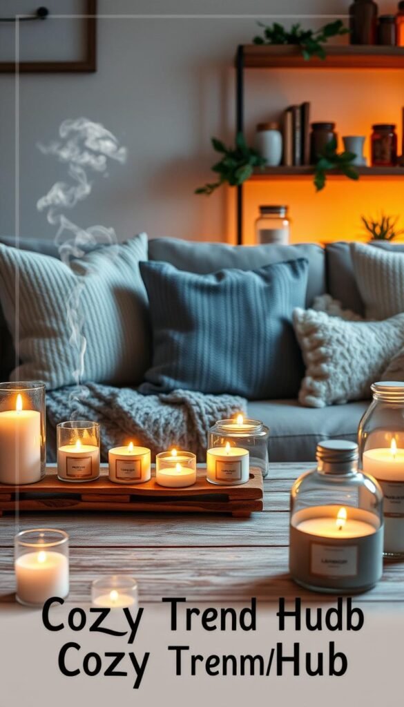 A serene, inviting scene depicting an array of beautifully arranged candles in various shapes and sizes, showcasing enticing scents like vanilla, lavender, and cinnamon. In the foreground, a rustic wooden table features an elegant candle holder filled with flickering tealights, casting a warm glow. Surrounding the candles, elegant diffusers release wisps of fragrant steam, adding to the cozy atmosphere. The middle of the scene includes soft cushions and a textured throw blanket, styled on a plush sofa, inviting relaxation. In the background, a softly lit shelf is adorned with greenery and decorative jars. The overall lighting is warm and ambient, evoking a tranquil, intimate setting. This lifestyle image reflects the essence of home decor trends for a snug sanctuary, branded as "CozyTrendHub."