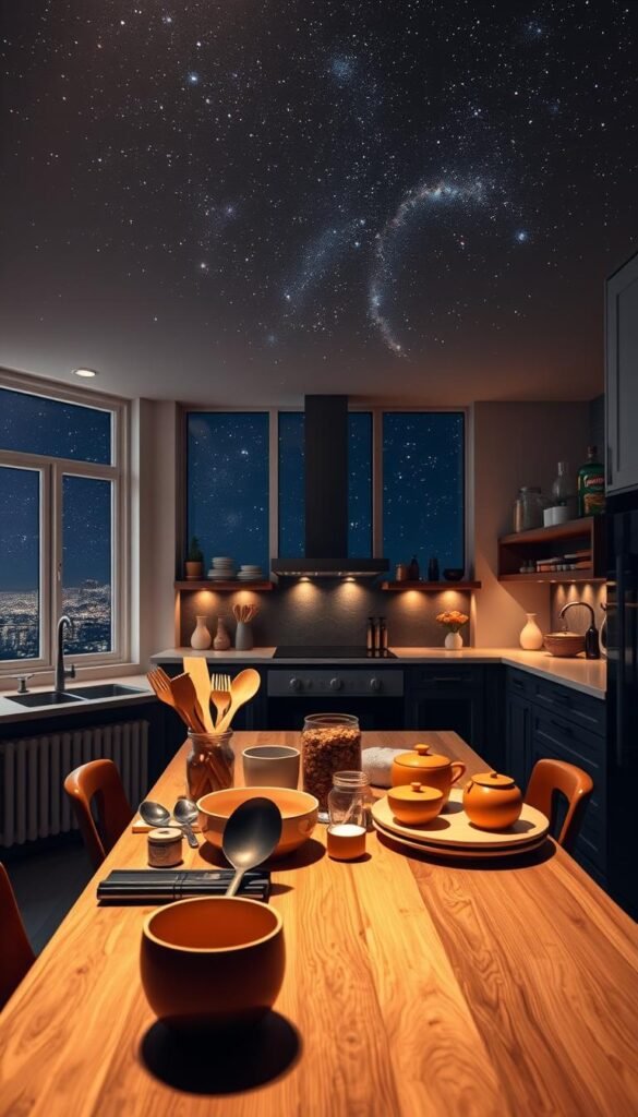 A serene kitchen setting under a starry night sky, bathed in soft, dreamy lighting. In the foreground, a stylish wooden kitchen table displays trendy Amazon kitchen finds like sleek utensils, vibrant dishware, and decorative jars, all arranged aesthetically. The middle ground features an elegant kitchen with open shelves lined with colorful ingredients and cozy decor items, merging functionality with style. In the background, large windows reveal a beautiful cosmic scene, with swirling galaxies and twinkling stars, creating an inviting and magical atmosphere that inspires creativity. The mood is warm, inviting, and inspirational, ideal for showcasing modern kitchen essentials. The composition should feel balanced, with depth created by layering each element. This image embodies the essence of "CozyTrendHub" while appealing to a Pinterest audience.