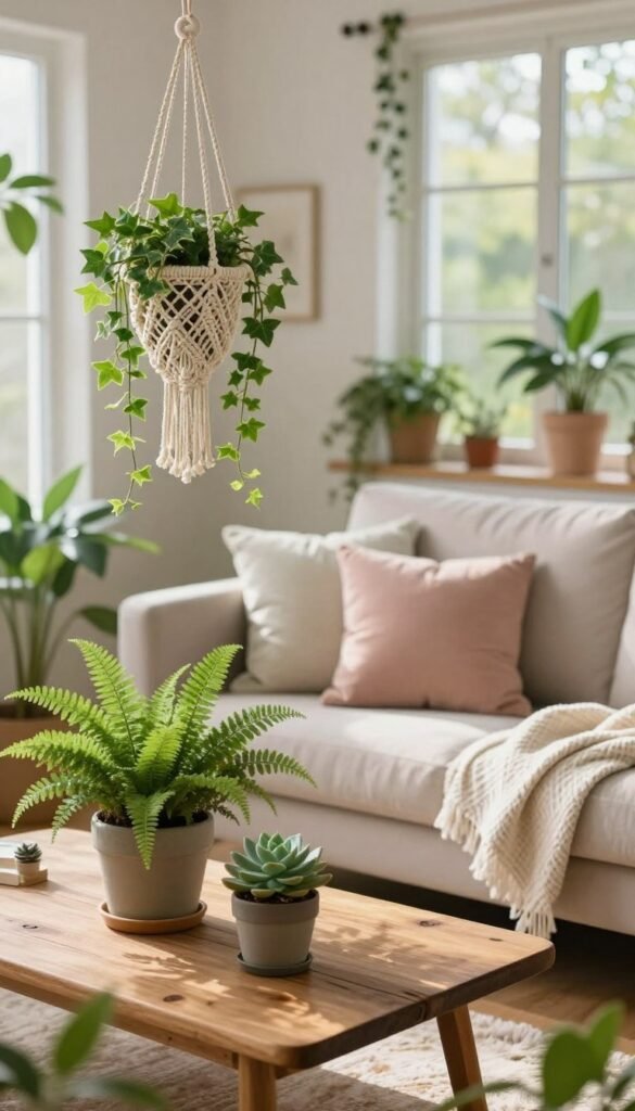A serene living room adorned with lush greenery, capturing the essence of spring. In the foreground, a vibrant pot of ferns and succulents rests on a rustic wooden coffee table, while a detailed macrame plant hanger showcases trailing ivy. The middle ground features a cozy sofa dressed in soft, neutral fabrics, accented by pastel cushions and a light throw blanket. In the background, large windows allow soft, diffused sunlight to stream in, illuminating the space and fostering a warm ambiance. Surrounding the windows, bright green potted plants add life, creating a natural, calming atmosphere. The overall mood reflects tranquility and rejuvenation, perfectly suited for spring decor trends. Stylized as a Pinterest-worthy lifestyle photo, embodying the spirit of "CozyTrendHub". A serene living room adorned with lush greenery, capturing the essence of spring. In the foreground, a vibrant pot of ferns and succulents rests on a rustic wooden coffee table, while a detailed macrame plant hanger showcases trailing ivy. The middle ground features a cozy sofa dressed in soft, neutral fabrics, accented by pastel cushions and a light throw blanket. In the background, large windows allow soft, diffused sunlight to stream in, illuminating the space and fostering a warm ambiance. Surrounding the windows, bright green potted plants add life, creating a natural, calming atmosphere. The overall mood reflects tranquility and rejuvenation, perfectly suited for spring decor trends. Stylized as a Pinterest-worthy lifestyle photo, embodying the spirit of "CozyTrendHub".