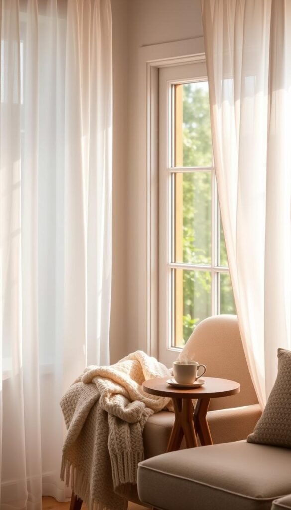A serene living room corner showcasing beautiful curtains that evoke feelings of privacy and coziness. In the foreground, delicate sheer curtains softly billow, allowing gentle sunlight to filter through, casting a warm glow. In the middle, a plush armchair with a knitted throw and a small wooden side table adorned with a steaming cup of tea adds to the inviting atmosphere. In the background, a well-lit window reveals a lush garden outside, further enhancing the feeling of seclusion. The scene is bathed in soft, natural light, creating a tranquil ambiance. The decor reflects an elegant yet comfortable style, perfect for a Pinterest-worthy lifestyle photo. Tagline: CozyTrendHub. A serene living room corner showcasing beautiful curtains that evoke feelings of privacy and coziness. In the foreground, delicate sheer curtains softly billow, allowing gentle sunlight to filter through, casting a warm glow. In the middle, a plush armchair with a knitted throw and a small wooden side table adorned with a steaming cup of tea adds to the inviting atmosphere. In the background, a well-lit window reveals a lush garden outside, further enhancing the feeling of seclusion. The scene is bathed in soft, natural light, creating a tranquil ambiance. The decor reflects an elegant yet comfortable style, perfect for a Pinterest-worthy lifestyle photo. Tagline: CozyTrendHub.