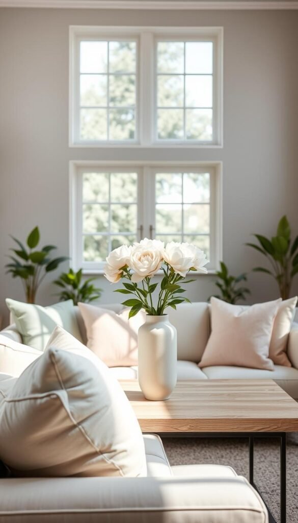 A serene living room interior showcasing a lightened color palette ideal for summer. In the foreground, a cozy sofa adorned with soft, pastel-colored cushions in shades of mint green and blush pink, inviting comfort. The middle layer features a stylish coffee table with a light wood finish, topped with a minimalist ceramic vase filled with fresh white peonies. Behind, large windows allow natural sunlight to flood the room, casting soft shadows and enhancing the cool atmosphere. The walls are painted in a soft dove gray, contrasting elegantly with the brighter decor. Subtle greenery from potted plants in the corners adds a lively touch. Capture the image with a warm, soft-focus lens, emphasizing a tranquil and refreshing mood. This lifestyle photo reflects a sophisticated yet relaxing aesthetic, fitting for CozyTrendHub. A serene living room interior showcasing a lightened color palette ideal for summer. In the foreground, a cozy sofa adorned with soft, pastel-colored cushions in shades of mint green and blush pink, inviting comfort. The middle layer features a stylish coffee table with a light wood finish, topped with a minimalist ceramic vase filled with fresh white peonies. Behind, large windows allow natural sunlight to flood the room, casting soft shadows and enhancing the cool atmosphere. The walls are painted in a soft dove gray, contrasting elegantly with the brighter decor. Subtle greenery from potted plants in the corners adds a lively touch. Capture the image with a warm, soft-focus lens, emphasizing a tranquil and refreshing mood. This lifestyle photo reflects a sophisticated yet relaxing aesthetic, fitting for CozyTrendHub.