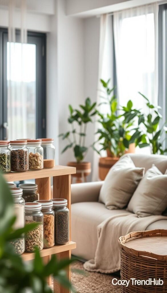A serene living room scene, showcasing a modern, eco-friendly home organized without plastic containers. In the foreground, a beautifully arranged wooden shelf displays glass jars filled with dried herbs, grains, and spices, emphasizing sustainability. The middle ground features a cozy seating area with plush cushions and a neutral-toned throw blanket, reflecting a warm, inviting atmosphere. In the background, natural light floods through large windows adorned with sheer curtains, illuminating potted plants that enhance the sense of health and wellness. The overall mood is peaceful and refreshing, promoting the benefits of a toxin-free environment. Shot with a soft-focus effect, mimicking a Pinterest-style lifestyle photo that resonates with the essence of CozyTrendHub. A serene living room scene, showcasing a modern, eco-friendly home organized without plastic containers. In the foreground, a beautifully arranged wooden shelf displays glass jars filled with dried herbs, grains, and spices, emphasizing sustainability. The middle ground features a cozy seating area with plush cushions and a neutral-toned throw blanket, reflecting a warm, inviting atmosphere. In the background, natural light floods through large windows adorned with sheer curtains, illuminating potted plants that enhance the sense of health and wellness. The overall mood is peaceful and refreshing, promoting the benefits of a toxin-free environment. Shot with a soft-focus effect, mimicking a Pinterest-style lifestyle photo that resonates with the essence of CozyTrendHub.