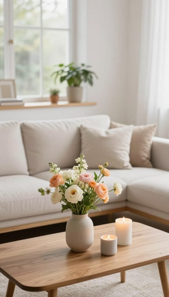 A serene living room setting featuring minimalist spring decor essentials. In the foreground, a sleek wooden coffee table displays a delicate bouquet of pastel-hued flowers in a simple vase, surrounded by a few carefully placed ceramic candles. The middle ground features a light-colored sofa adorned with soft, textured throw pillows in muted shades, all perfectly arranged. In the background, a large window lets in natural light, highlighting potted greenery on a minimalist shelf against white walls. The atmosphere conveys a fresh, airy feeling, embodying modern simplicity and seasonal elegance. The lighting is soft and warm, captured from a slightly angled perspective to emphasize the inviting space. The scene is styled to reflect CozyTrendHub's aesthetic, showcasing minimal seasonal accents that enhance rather than overwhelm.