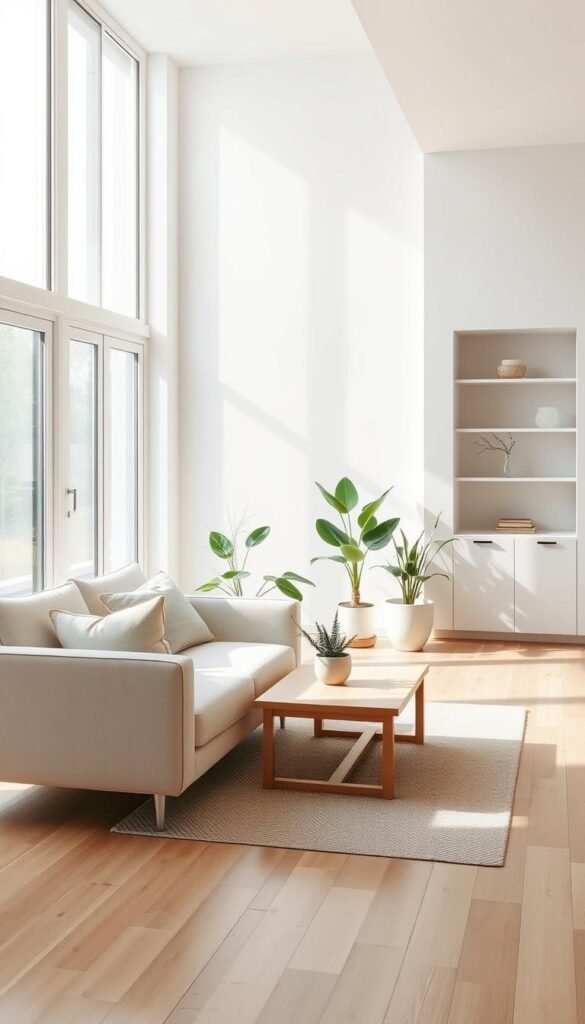 A serene minimalist home interior, showcasing a bright, airy room with large windows allowing natural light to stream in. The foreground features a sleek, low-profile sofa in a soft neutral palette, complemented by a simple coffee table made of light wood. In the middle, a tasteful arrangement of potted green plants and a stylish rug add warmth without clutter. The background reveals clean lines of built-in shelving, artfully displaying a few carefully chosen decorative items. The overall color scheme is a harmonious blend of whites and light woods. The lighting is soft and inviting, creating a calm atmosphere that evokes tranquility. Capturing a Pinterest-style aesthetic, this image embodies the essence of minimalist decor by CozyTrendHub. A serene minimalist home interior, showcasing a bright, airy room with large windows allowing natural light to stream in. The foreground features a sleek, low-profile sofa in a soft neutral palette, complemented by a simple coffee table made of light wood. In the middle, a tasteful arrangement of potted green plants and a stylish rug add warmth without clutter. The background reveals clean lines of built-in shelving, artfully displaying a few carefully chosen decorative items. The overall color scheme is a harmonious blend of whites and light woods. The lighting is soft and inviting, creating a calm atmosphere that evokes tranquility. Capturing a Pinterest-style aesthetic, this image embodies the essence of minimalist decor by CozyTrendHub.