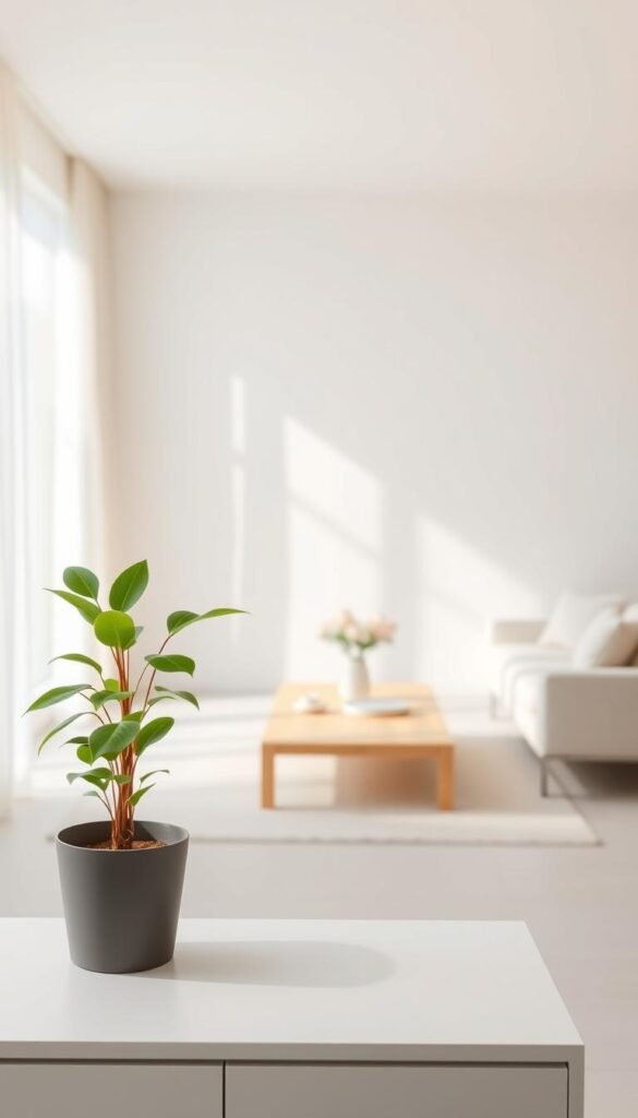 A serene, minimalist interior featuring clean lines and soft, natural lighting. In the foreground, a single vibrant potted plant with lush, green leaves sits elegantly on a sleek, modern console table. The middle ground showcases a tastefully arranged living space with smooth, neutral tones, showcasing minimalistic furniture—think a low-profile sofa and a simple coffee table made from warm wood. The background reveals a large window with sheer curtains allowing gentle sunlight to bathe the room, creating a tranquil atmosphere. Enhance the peaceful mood with a subtle bokeh effect in the background, hinting at an inviting outdoor view. This image embodies the essence of organized simplicity and nature’s touch, perfect for illustrating the beauty of greenery in minimalist decor. Ideal for CozyTrendHub. A serene, minimalist interior featuring clean lines and soft, natural lighting. In the foreground, a single vibrant potted plant with lush, green leaves sits elegantly on a sleek, modern console table. The middle ground showcases a tastefully arranged living space with smooth, neutral tones, showcasing minimalistic furniture—think a low-profile sofa and a simple coffee table made from warm wood. The background reveals a large window with sheer curtains allowing gentle sunlight to bathe the room, creating a tranquil atmosphere. Enhance the peaceful mood with a subtle bokeh effect in the background, hinting at an inviting outdoor view. This image embodies the essence of organized simplicity and nature’s touch, perfect for illustrating the beauty of greenery in minimalist decor. Ideal for CozyTrendHub.