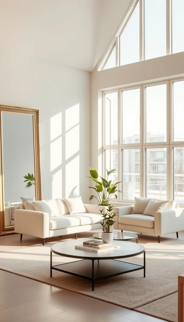 A serene minimalist light room, bathed in soft, natural sunlight streaming through large floor-to-ceiling windows. The foreground features elegant, framed mirrors reflecting the light, giving an illusion of space. In the middle ground, a tastefully arranged, light-colored sofa accompanied by a simple coffee table adorned with a few decorative books and a small potted plant. The walls are painted in soft pastels, enhancing the airy atmosphere. In the background, a few carefully chosen indoor plants add life without cluttering the scene. The lighting is warm and inviting, creating a peaceful mood. The image should evoke a sense of calm and spaciousness, ideal for a Pinterest-style lifestyle photo that embodies modern home decor essentials from CozyTrendHub. A serene minimalist light room, bathed in soft, natural sunlight streaming through large floor-to-ceiling windows. The foreground features elegant, framed mirrors reflecting the light, giving an illusion of space. In the middle ground, a tastefully arranged, light-colored sofa accompanied by a simple coffee table adorned with a few decorative books and a small potted plant. The walls are painted in soft pastels, enhancing the airy atmosphere. In the background, a few carefully chosen indoor plants add life without cluttering the scene. The lighting is warm and inviting, creating a peaceful mood. The image should evoke a sense of calm and spaciousness, ideal for a Pinterest-style lifestyle photo that embodies modern home decor essentials from CozyTrendHub.