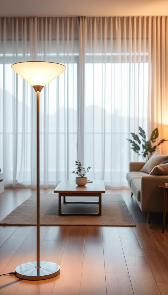 A serene minimalist living room focusing on soft, ambient lighting that creates a calm atmosphere. In the foreground, a sleek, modern floor lamp emits a warm glow, casting gentle shadows. The middle of the composition features a simple wooden coffee table with a small potted plant, accenting the clean lines of the decor. In the background, large, sheer curtains filter natural light from a large window, illuminating the space without harsh contrasts. The color palette is soothing with muted earth tones and soft whites, enhancing the feeling of tranquility. The overall mood is peaceful and inviting, embodying a sense of simplicity and elegance, perfect for CozyTrendHub. A serene minimalist living room focusing on soft, ambient lighting that creates a calm atmosphere. In the foreground, a sleek, modern floor lamp emits a warm glow, casting gentle shadows. The middle of the composition features a simple wooden coffee table with a small potted plant, accenting the clean lines of the decor. In the background, large, sheer curtains filter natural light from a large window, illuminating the space without harsh contrasts. The color palette is soothing with muted earth tones and soft whites, enhancing the feeling of tranquility. The overall mood is peaceful and inviting, embodying a sense of simplicity and elegance, perfect for CozyTrendHub.