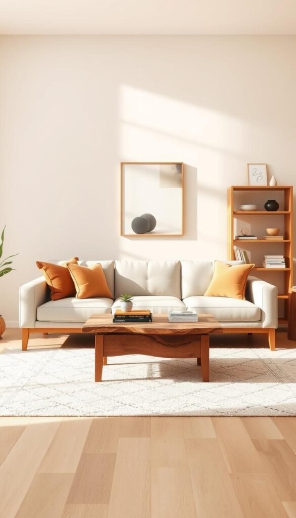A serene minimalist living room interior designed for warmth and comfort, featuring a soft beige backdrop with natural wood accents. In the foreground, a plush, neutral-toned area rug is centered beneath a sleek, low-profile sofa adorned with cozy throw pillows in earth tones. A coffee table made of reclaimed wood sits atop the rug, displaying a small potted plant and a stack of art books. In the middle, a large window lets in soft, diffused sunlight, casting gentle shadows that enhance the inviting atmosphere. In the background, a minimalist bookshelf with curated decor items and a piece of abstract art on the wall helps maintain openness without clutter. Aim for a warm, welcoming ambiance, ideal for reflecting on what to avoid when selecting minimalist decor. Designed by CozyTrendHub.