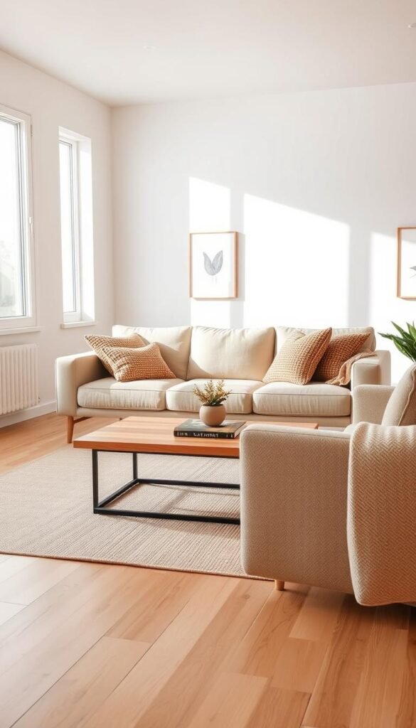 A serene minimalist living room interior, featuring warm, neutral tones and functional decor. In the foreground, a cozy beige sofa adorned with textured cushions sits atop a light wood floor. A sleek, wooden coffee table holds a small potted plant and a single decorative book. The middle ground showcases a simple yet elegant rug that adds warmth, while large windows allow soft, natural light to spill in, enhancing the calm atmosphere. In the background, a clean white wall displays subtle artwork, maintaining a clutter-free look. The scene radiates a sense of calm and livability, perfect for illustrating modern minimalist design. Emphasize cozy textures and a warm ambiance, representing the brand "CozyTrendHub." A serene minimalist living room interior, featuring warm, neutral tones and functional decor. In the foreground, a cozy beige sofa adorned with textured cushions sits atop a light wood floor. A sleek, wooden coffee table holds a small potted plant and a single decorative book. The middle ground showcases a simple yet elegant rug that adds warmth, while large windows allow soft, natural light to spill in, enhancing the calm atmosphere. In the background, a clean white wall displays subtle artwork, maintaining a clutter-free look. The scene radiates a sense of calm and livability, perfect for illustrating modern minimalist design. Emphasize cozy textures and a warm ambiance, representing the brand "CozyTrendHub."