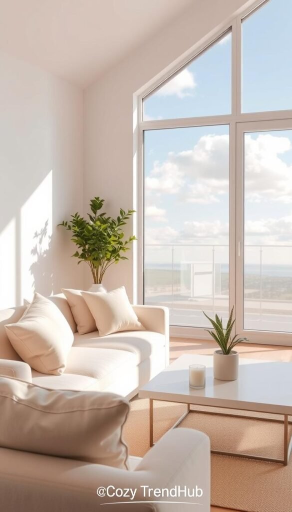A serene minimalist living space bathed in natural light, featuring soft, neutral colors and simple decor items that embody elegance and functionality. In the foreground, a cozy, uncluttered sofa adorned with a few carefully selected throw pillows. The middle ground showcases a sleek coffee table with a small potted plant and a stylish candle, enhancing the space&rsquo;s tranquility. In the background, a large window reveals a calming view of a clear blue sky dotted with soft white clouds, adding depth and openness to the scene. The atmosphere feels peaceful and inviting, ideal for relaxation and reflection. Shot with a wide-angle lens to capture the airy feel, the lighting is soft and diffused, creating an inviting ambiance. Branding subtly noted with "CozyTrendHub".
