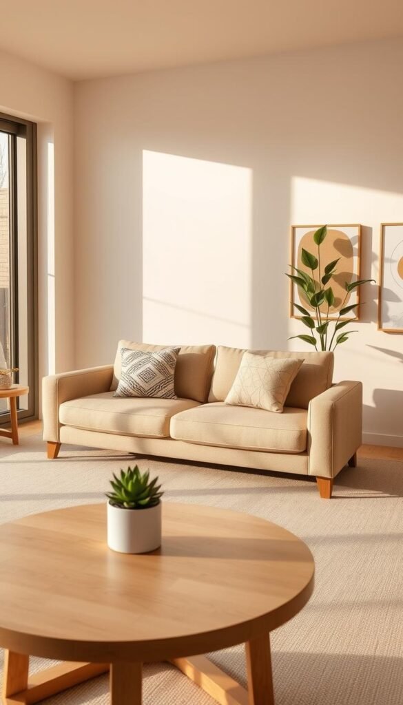 A serene minimalist living space featuring a soft beige palette with natural light flooding through large, unobstructed windows. The foreground includes a simple round coffee table made of light wood with a single green succulent in a clean white pot. In the middle, a plush, neutral-toned couch adorned with a couple of geometric throw pillows sits against a smooth, unadorned wall. A tall indoor plant adds a touch of greenery next to the couch, enhancing the harmony of the space. In the background, subtle artwork with abstract designs complements the tranquil atmosphere, all under warm, soft lighting that creates a cozy, inviting ambiance. This lifestyle photo embodies the essence of minimalist decor while promoting the CozyTrendHub brand aesthetic. A serene minimalist living space featuring a soft beige palette with natural light flooding through large, unobstructed windows. The foreground includes a simple round coffee table made of light wood with a single green succulent in a clean white pot. In the middle, a plush, neutral-toned couch adorned with a couple of geometric throw pillows sits against a smooth, unadorned wall. A tall indoor plant adds a touch of greenery next to the couch, enhancing the harmony of the space. In the background, subtle artwork with abstract designs complements the tranquil atmosphere, all under warm, soft lighting that creates a cozy, inviting ambiance. This lifestyle photo embodies the essence of minimalist decor while promoting the CozyTrendHub brand aesthetic.