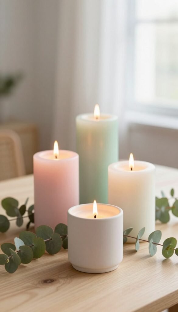 A serene, minimalist setting featuring a cluster of elegant candles in soft pastel hues—pale pink, mint green, and creamy white—arranged on a light-colored wooden table adorned with natural greenery, such as small eucalyptus sprigs. In the foreground, a sleek, modern candle holder made of matte ceramic cradles a lit candle, casting a warm glow. The middle layer focuses on two additional candles of varying heights, with delicate flickering flames that enhance the tranquil atmosphere. In the background, gently blurred hints of a sunlit window reveal soft curtains draping gently, creating an inviting spring ambiance. The image is softly lit, evoking warmth and simplicity, making it perfect for a cardinal Easter decor inspiration. Photographed with a shallow depth of field at a 35mm angle, this lifestyle image embodies the essence of CozyTrendHub's aesthetic. A serene, minimalist setting featuring a cluster of elegant candles in soft pastel hues—pale pink, mint green, and creamy white—arranged on a light-colored wooden table adorned with natural greenery, such as small eucalyptus sprigs. In the foreground, a sleek, modern candle holder made of matte ceramic cradles a lit candle, casting a warm glow. The middle layer focuses on two additional candles of varying heights, with delicate flickering flames that enhance the tranquil atmosphere. In the background, gently blurred hints of a sunlit window reveal soft curtains draping gently, creating an inviting spring ambiance. The image is softly lit, evoking warmth and simplicity, making it perfect for a cardinal Easter decor inspiration. Photographed with a shallow depth of field at a 35mm angle, this lifestyle image embodies the essence of CozyTrendHub's aesthetic.