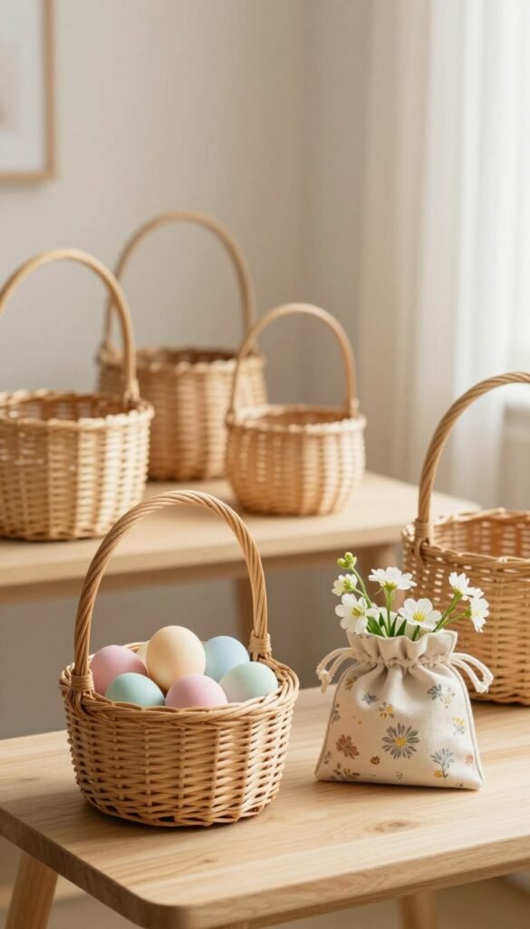 A serene, minimalist setting featuring an assortment of handcrafted Easter baskets, designed for simple spring décor. In the foreground, a natural wicker basket filled with pastel-colored eggs rests on a light wood table. Next to it, a small fabric pouch with a delicate floral pattern and a few fresh spring flowers. The middle layer showcases additional elegant, empty baskets in varying sizes, arranged thoughtfully to invite a casual yet stylish atmosphere. The background is softly blurred, hinting at a cozy, sunlit room with pale walls and light curtains, allowing warm, natural light to filter through. The overall mood is calm and inviting, evoking an effortlessly stylish seasonal décor. This image is brought to you by CozyTrendHub. A serene, minimalist setting featuring an assortment of handcrafted Easter baskets, designed for simple spring décor. In the foreground, a natural wicker basket filled with pastel-colored eggs rests on a light wood table. Next to it, a small fabric pouch with a delicate floral pattern and a few fresh spring flowers. The middle layer showcases additional elegant, empty baskets in varying sizes, arranged thoughtfully to invite a casual yet stylish atmosphere. The background is softly blurred, hinting at a cozy, sunlit room with pale walls and light curtains, allowing warm, natural light to filter through. The overall mood is calm and inviting, evoking an effortlessly stylish seasonal décor. This image is brought to you by CozyTrendHub.