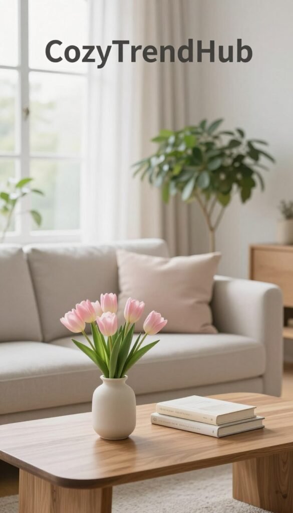A serene, minimalist spring decor scene in a modern living room, featuring a light, airy atmosphere. In the foreground, a simple wooden coffee table is adorned with a small vase containing fresh, pale pink tulips and a few neatly arranged books. The middle ground showcases a soft, neutral sofa with elegant, textured cushions in pastel colors, set against a large window that lets in gentle, natural light. In the background, pale green indoor plants are strategically placed to add freshness, while sheer curtains billow softly, enhancing the soft lighting. The room is styled with clean lines and uncluttered surfaces, evoking a sense of tranquility and modern elegance. This image reflects "CozyTrendHub" aesthetic, perfect for illustrating minimalist spring decor essentials.