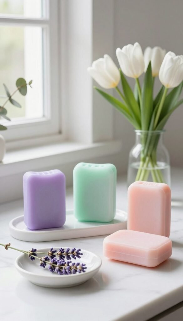 A serene minimalist spring setting featuring elegantly arranged hand soaps in various pastel shades&mdash;soft lavender, mint green, and blush pink&mdash;displayed on a white marble countertop. In the foreground, a delicate ceramic soap dish holds a blooming sprig of fresh lavender, emphasizing the refreshing spring scents. The middle ground includes a slender glass vase with white tulips and eucalyptus leaves, adding a touch of greenery without clutter. The background showcases a simple window with sheer white curtains, softly diffusing natural sunlight, creating a warm and inviting atmosphere. The overall mood is calm and rejuvenating, perfect for evoking the essence of spring. This aesthetic represents the essence of "CozyTrendHub".