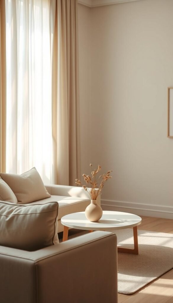 A serene, minimalistic living room bathed in soft, ambient light that creates a warm, inviting atmosphere. The foreground features a stylish, light-colored sofa adorned with subtle, textured cushions, while a chic, minimalist coffee table sits at the center, holding a small arrangement of dried flowers in a soft, neutral vase. The middle ground showcases a delicate, airy curtain gently fluttering in an unseen breeze, filtering sunlight that highlights the room. In the background, a simple wall art piece adds a touch of elegance without overwhelming the space. The lighting is soft and diffuse, reminiscent of early morning or late afternoon glow. The scene embodies tranquility and simplicity, perfect for rental spaces and blackout-prone areas. Designed in the aesthetic of CozyTrendHub, emphasizing a modern yet comfortable vibe that speaks to minimalist decor.